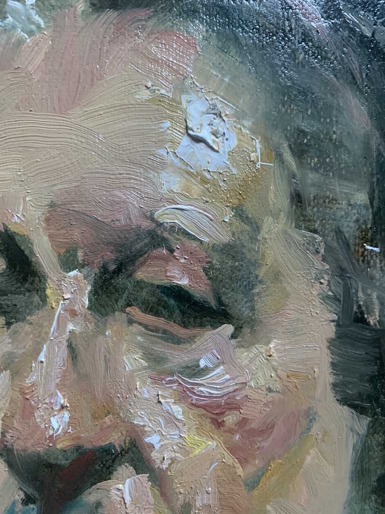 A detail of the impasto brushwork in David Leffel's portrait of Joe D'Arcy, Arroyo Seco, New Mexico 2023. Photograph by Carol D'Arcy.