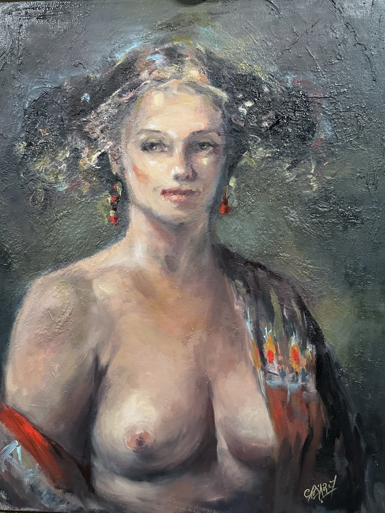 Woman. Unveiled and Present — original oil painting on canvas by Carol D'Arcy. Impasto. 50×40cm. For sale $1,500 AUD. Framed. © Carol D'Arcy.